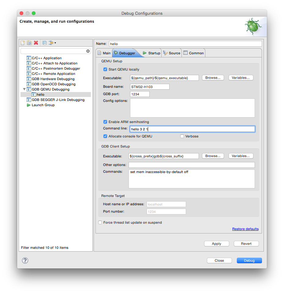 The Debugger tab with the board name filled-in